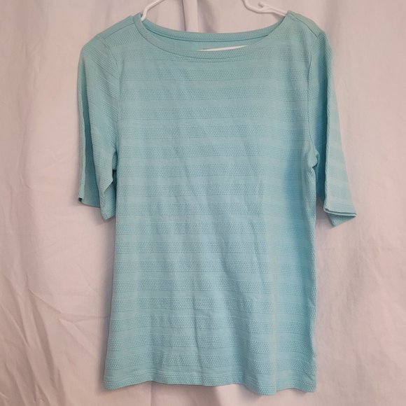 Charter Club Women's Cotton Texture Striped Elbow Sleeve Top Aqua Medium - Picture 4 of 7